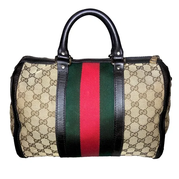 GUCCI GG Beige and Brown Boston Duffel Bag with Red and Green Sherryline Stripes - Picture 3 of 17